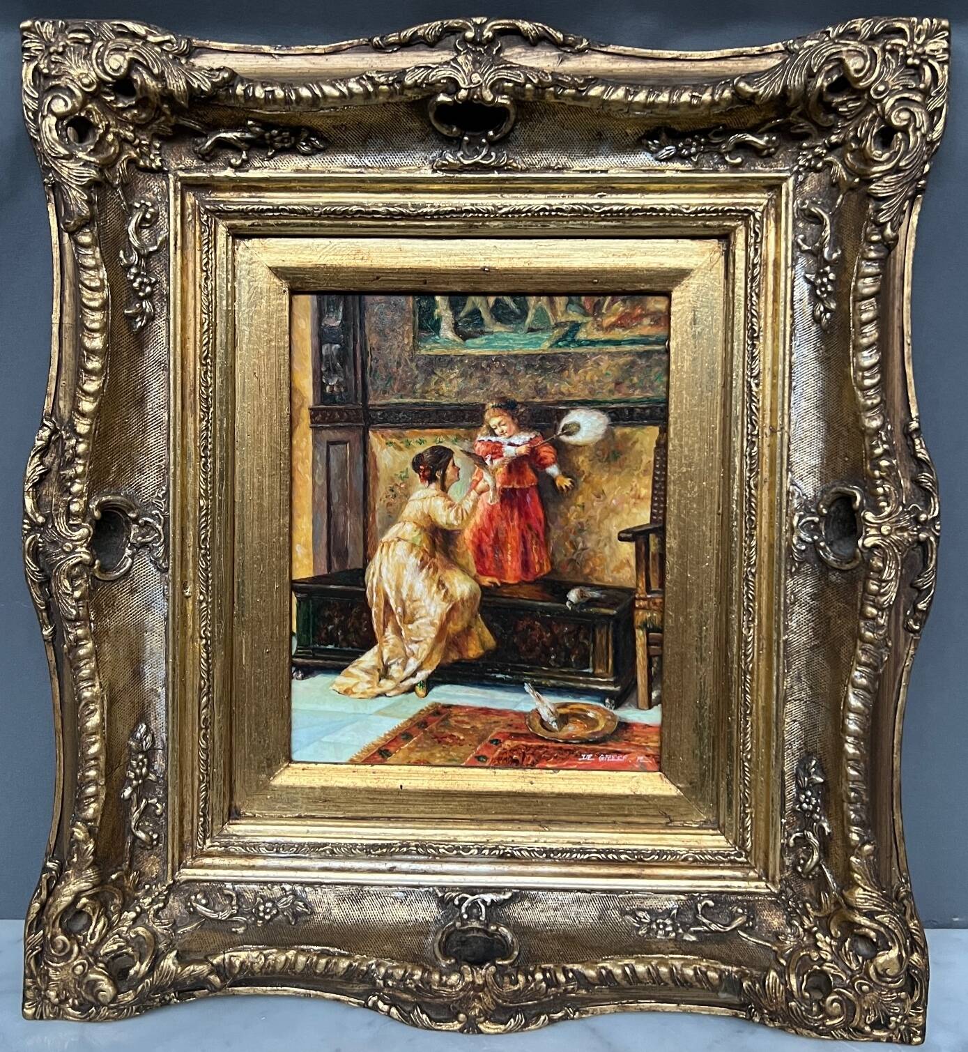 R. de Greef. “Girl with a bird” genre painting.