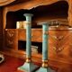 Exceptional pair of large candlesticks in patinated greenish-blue brass.