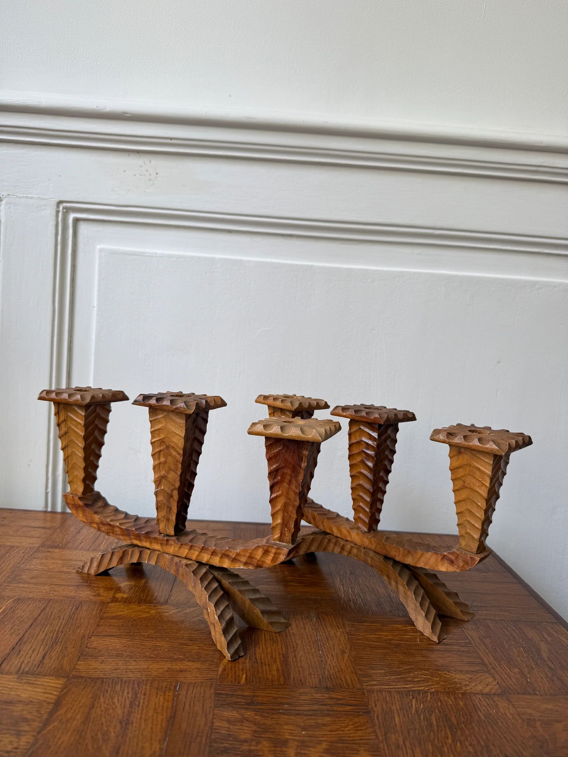 Pair of carved wooden candlesticks - 3 branches