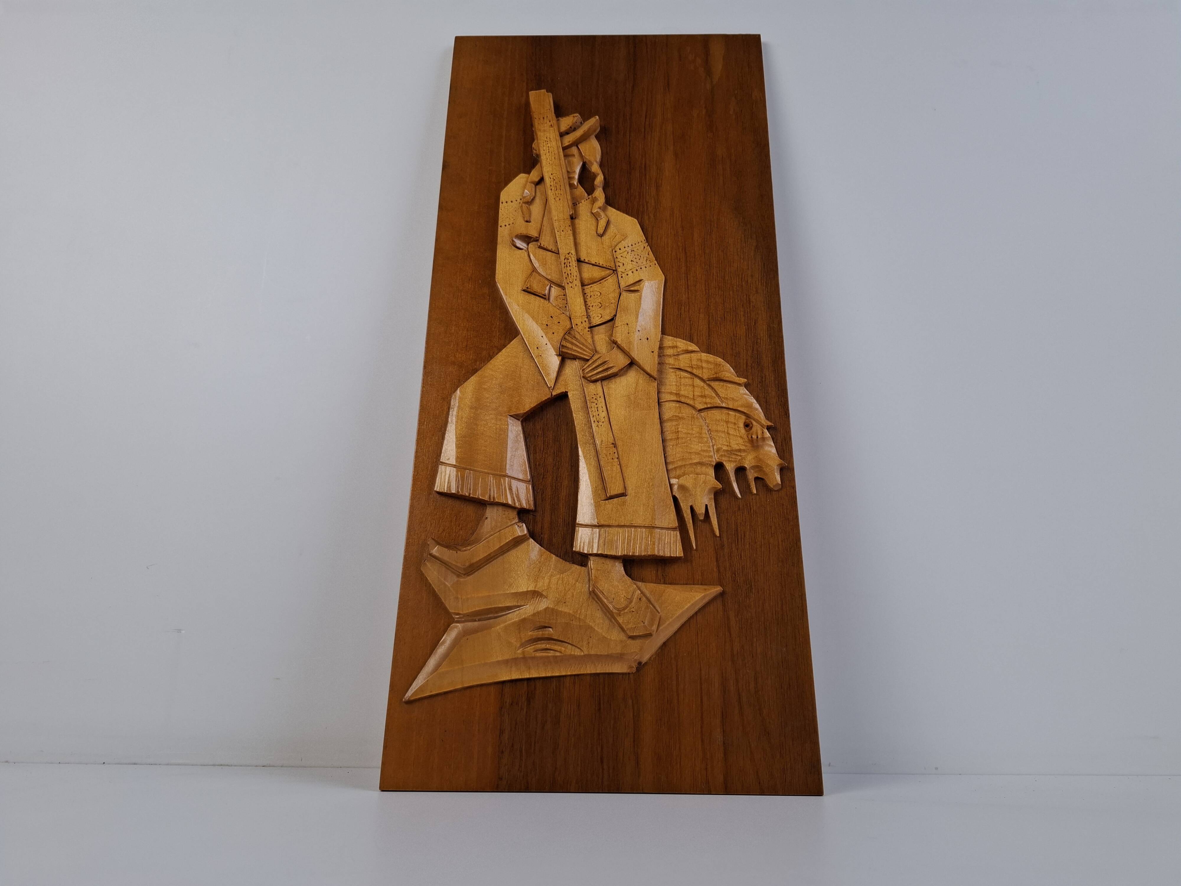 Mid-century Czech hand-carved wooden shepherd wall relief, 1960.