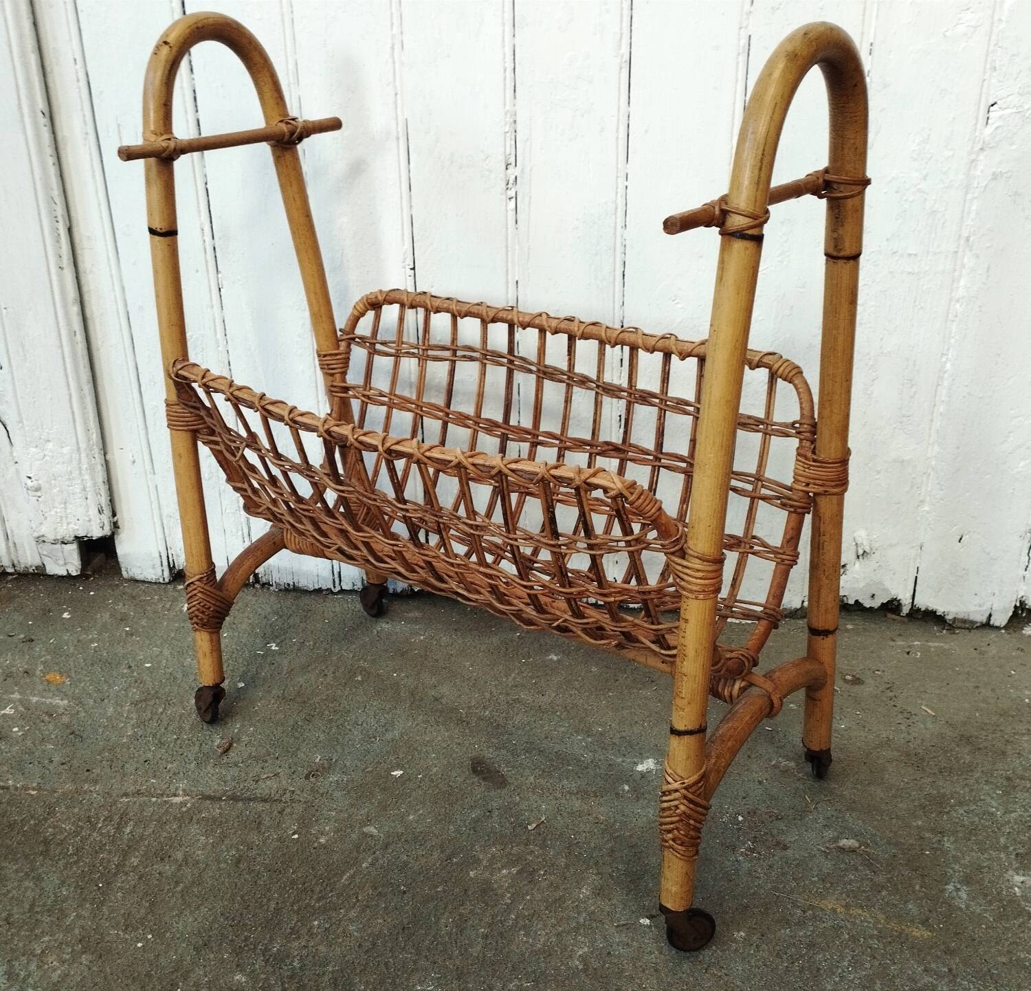 Vintage rattan and bamboo magazine rack
