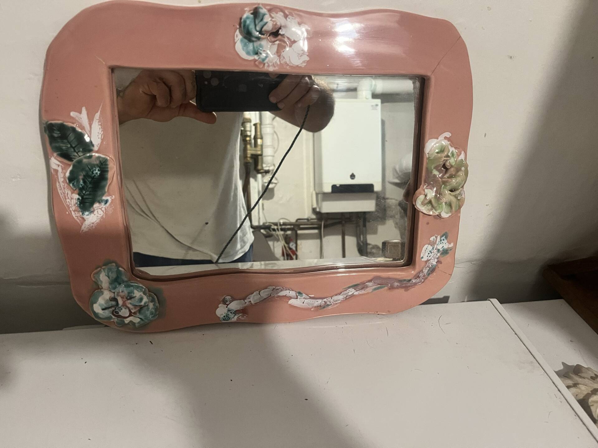 Vintage floral pink ceramic framed mirror signed St-Avit Francalat.