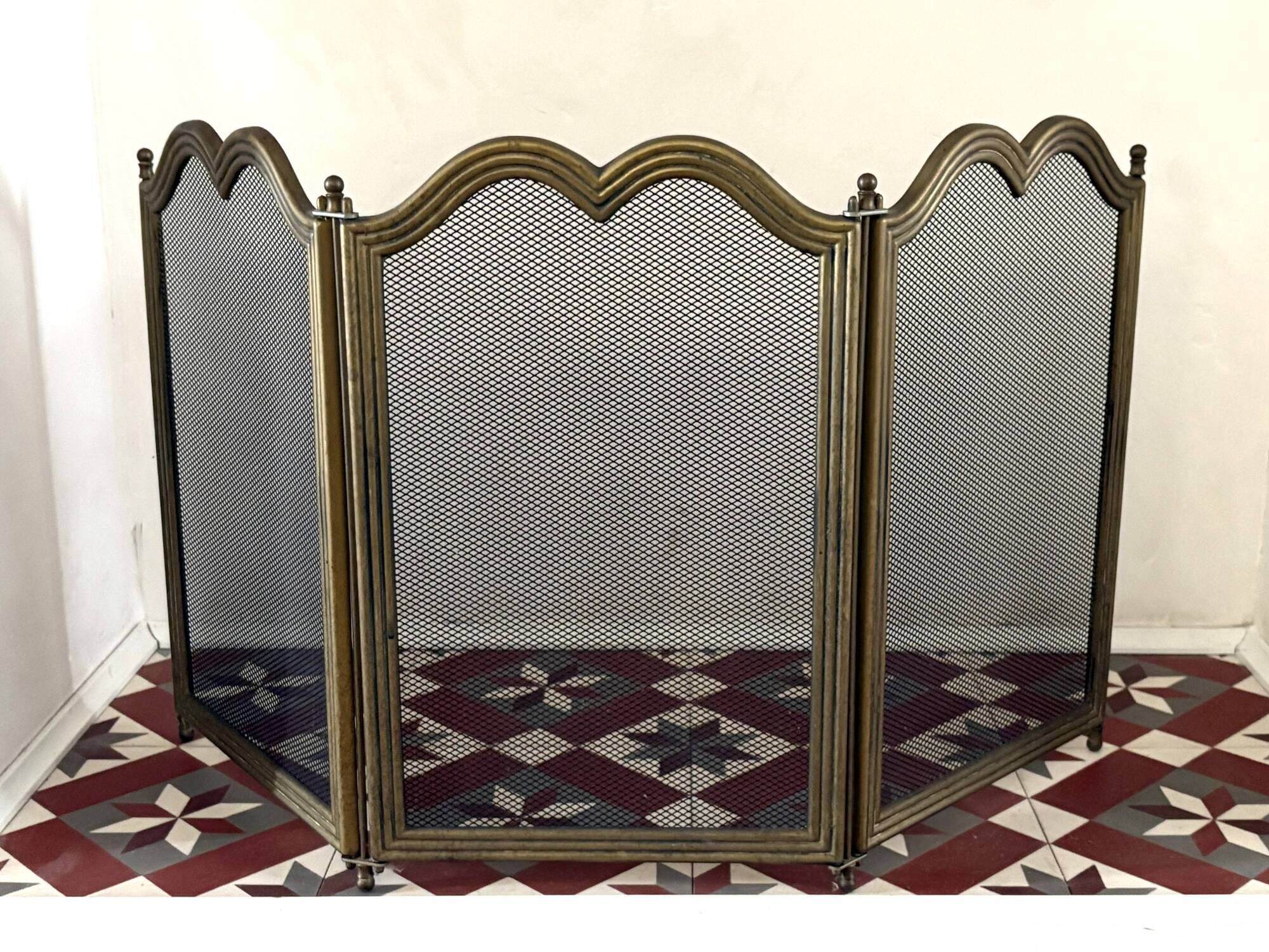 Three-panel solid brass fire screen