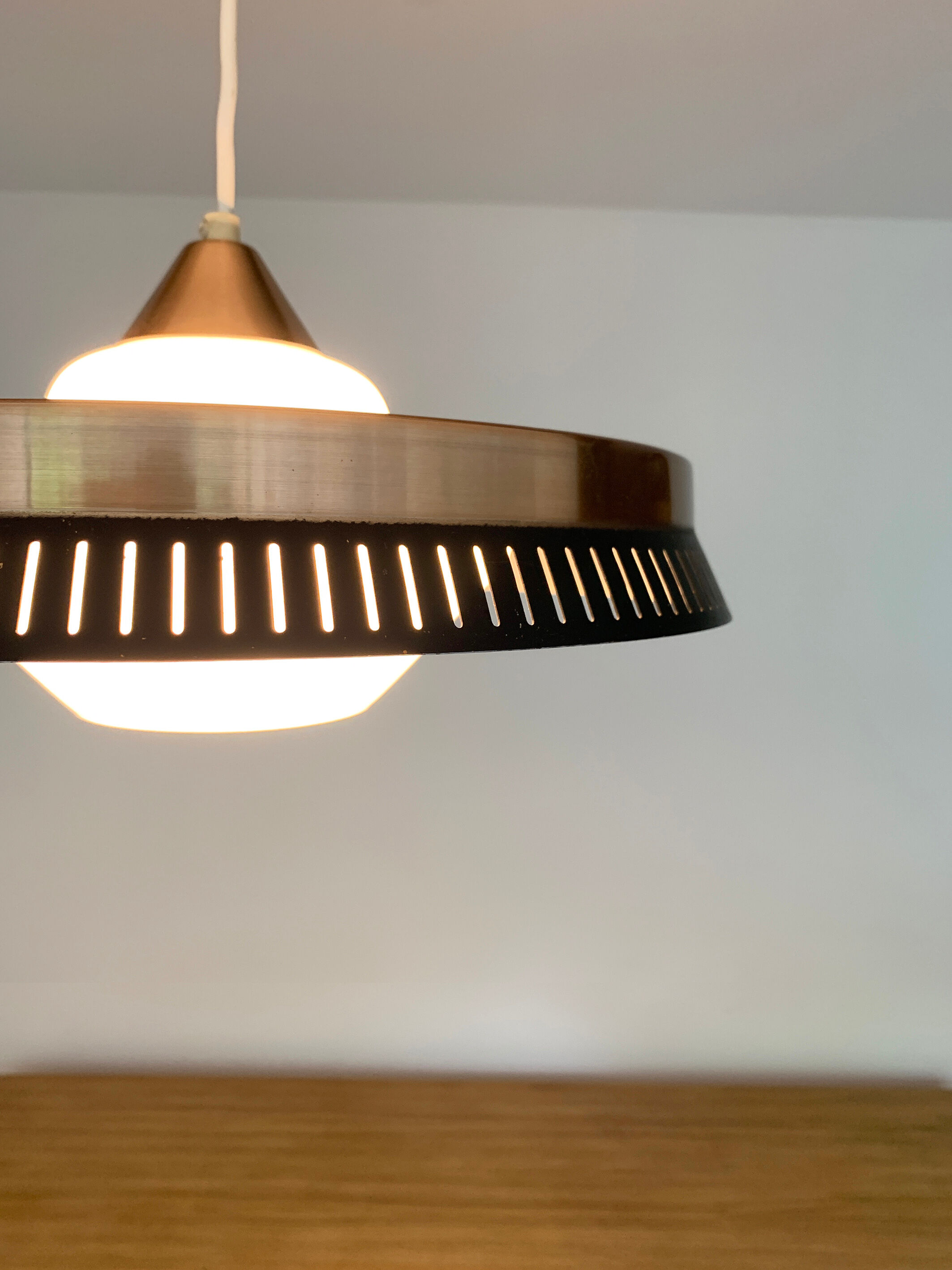 Scandinavian suspension lamp in copper and opaline glass, Bent Karlby for Lyfa, Denmark, 1960s