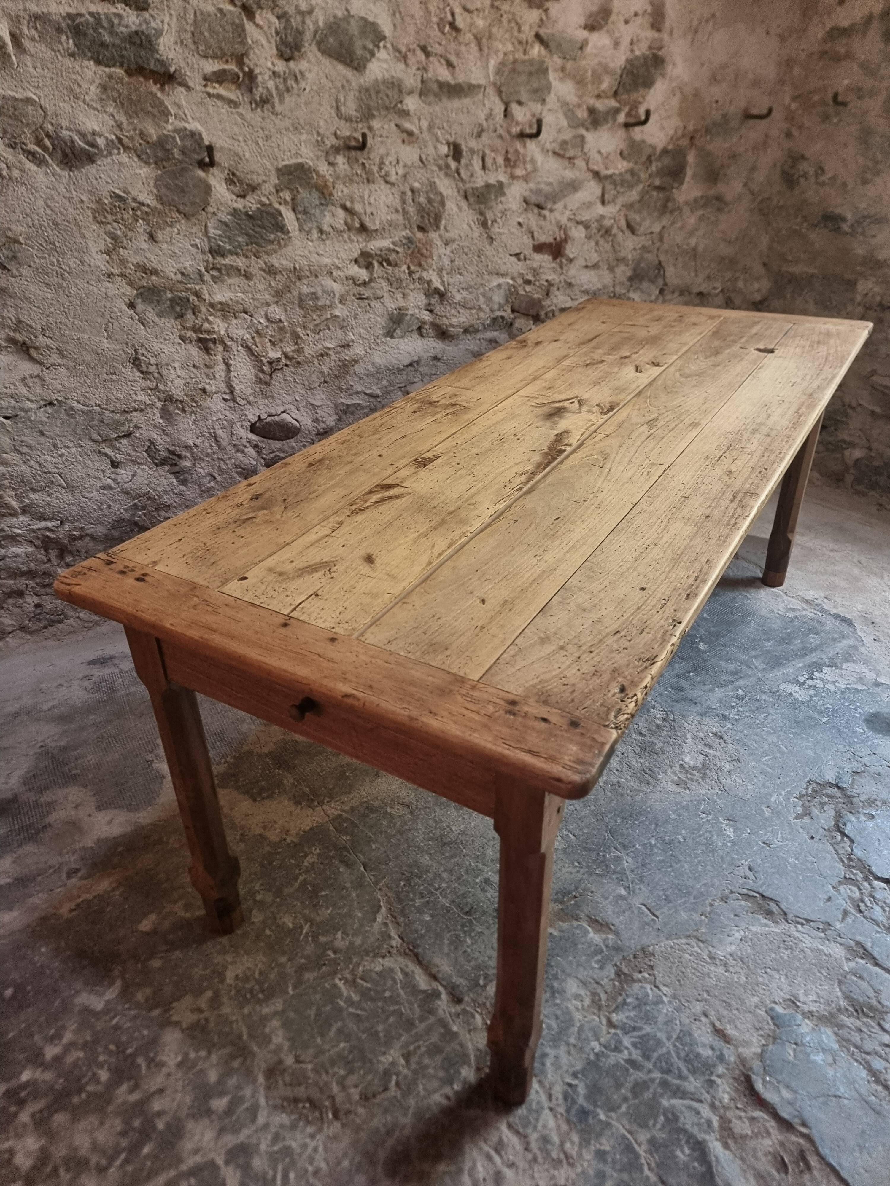Old farmhouse dining table, rustic kitchen, poplar top, chestnut base, two drawers, 1800–1850.