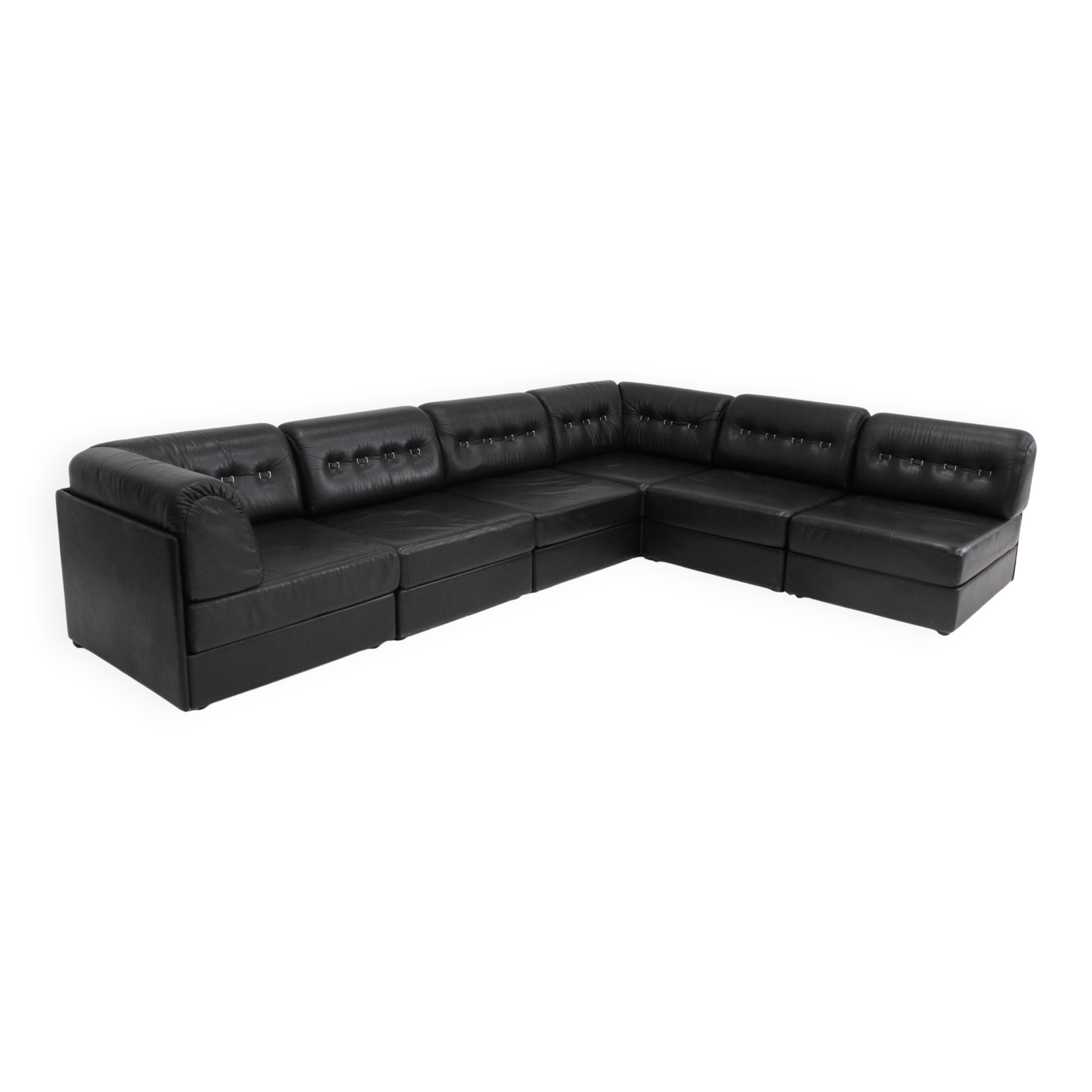 Canapé modulable vintage en cuir noir des années 1970
