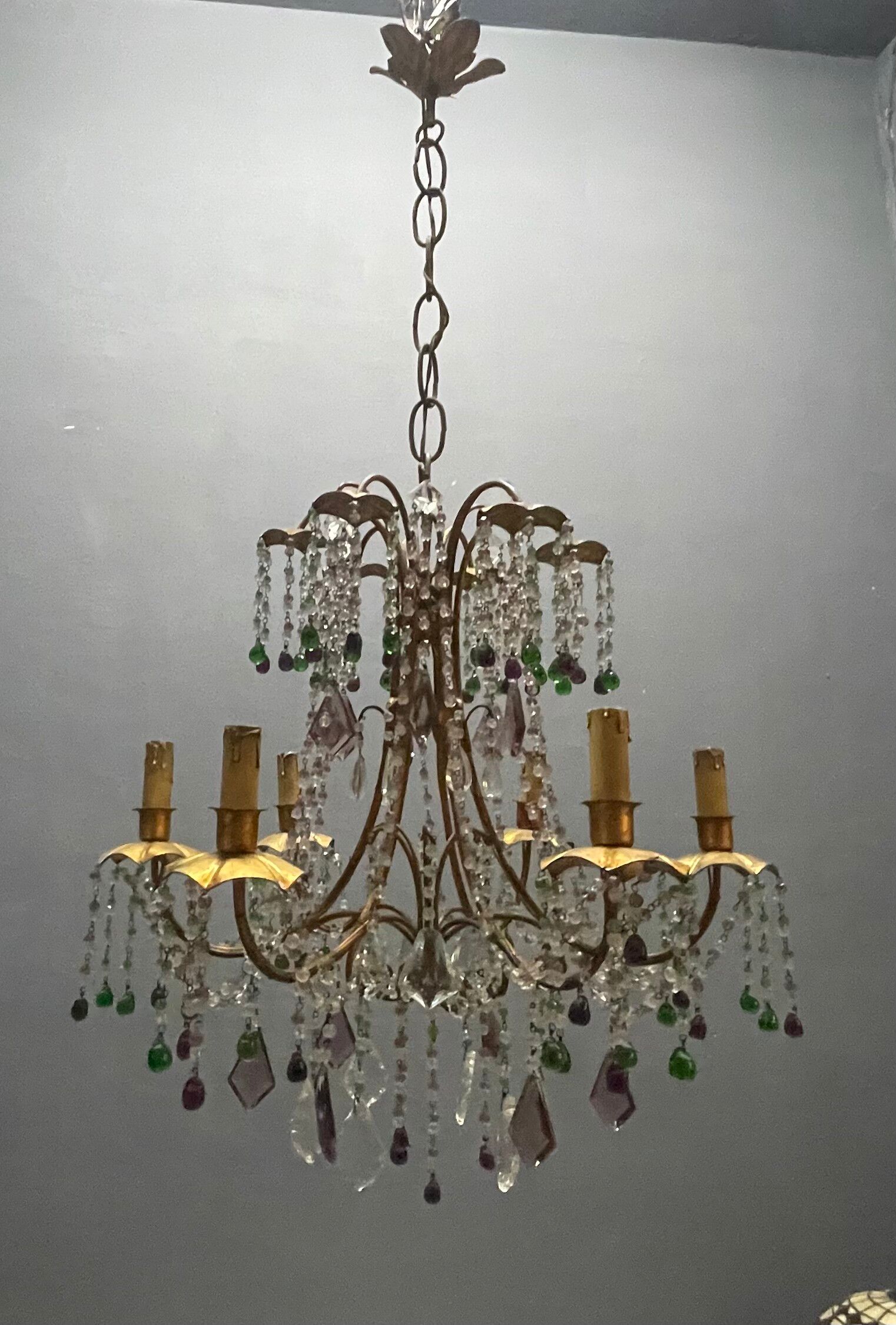Chandelier en verre de Murano perlé doré en tole florentine italienne des années 1950 à 6 lumières