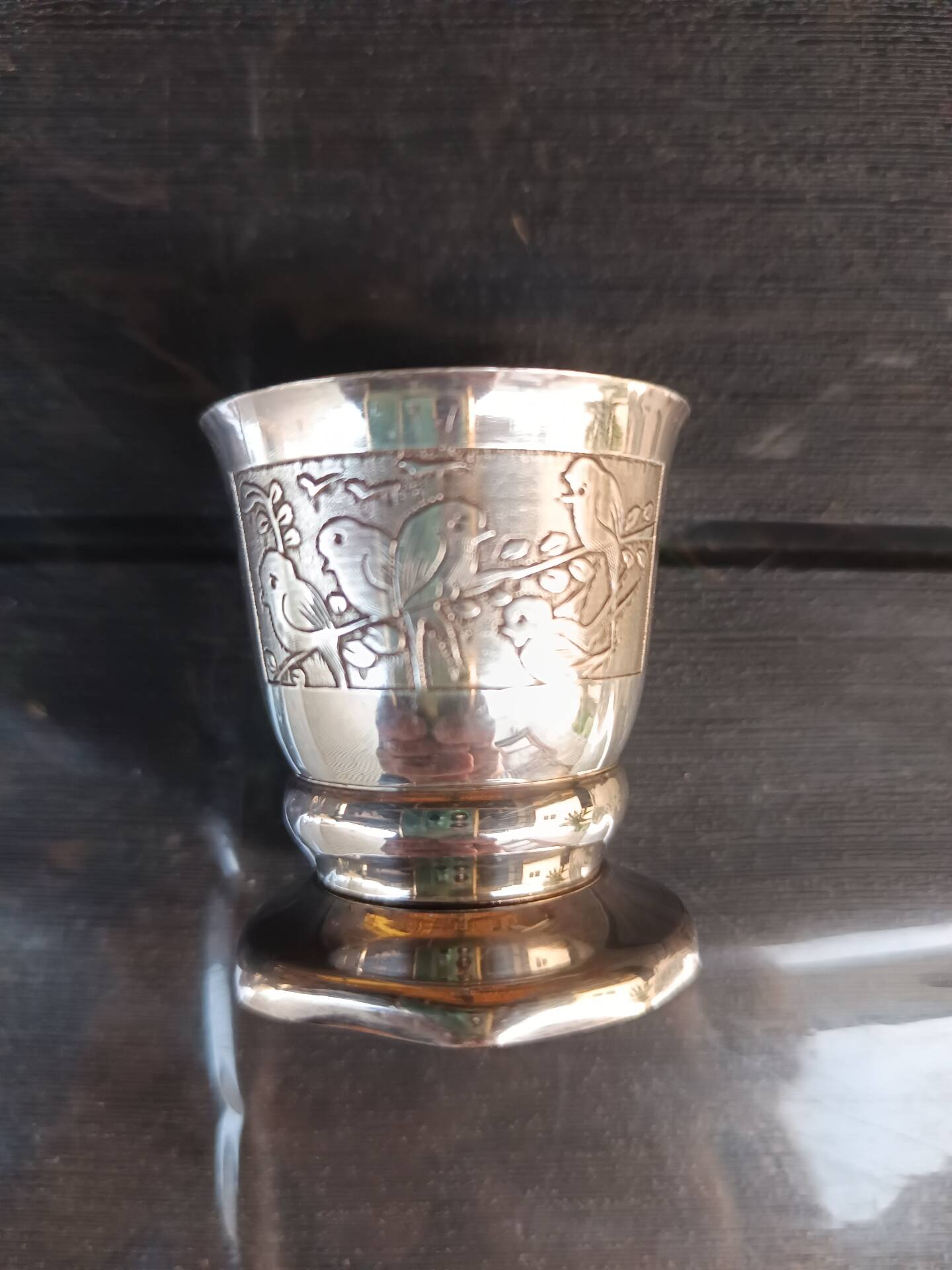 Antique Baptismal Cup + Silver-Plated Spoon - Bird Decoration -