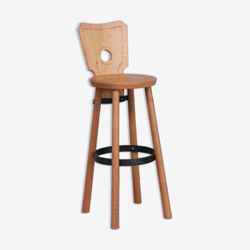 Oak and iron mid-century bar stool