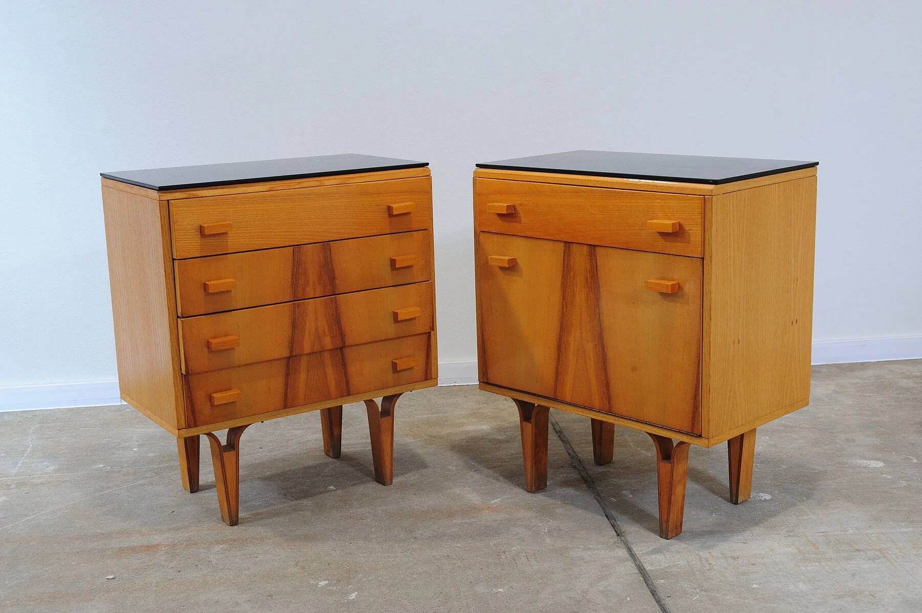 Mid-century bedside tables with ash veneer and black glass by František Mezulánik, Nový Domov, Czechoslovakia, 1970s.