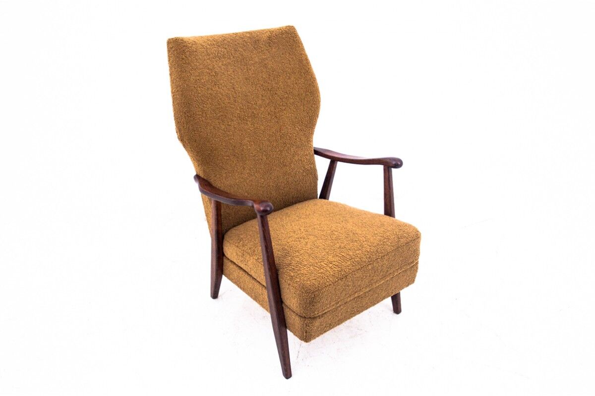 Yellow vintage armchair in bouclé fabric, Denmark, 1960s. After restoration.
