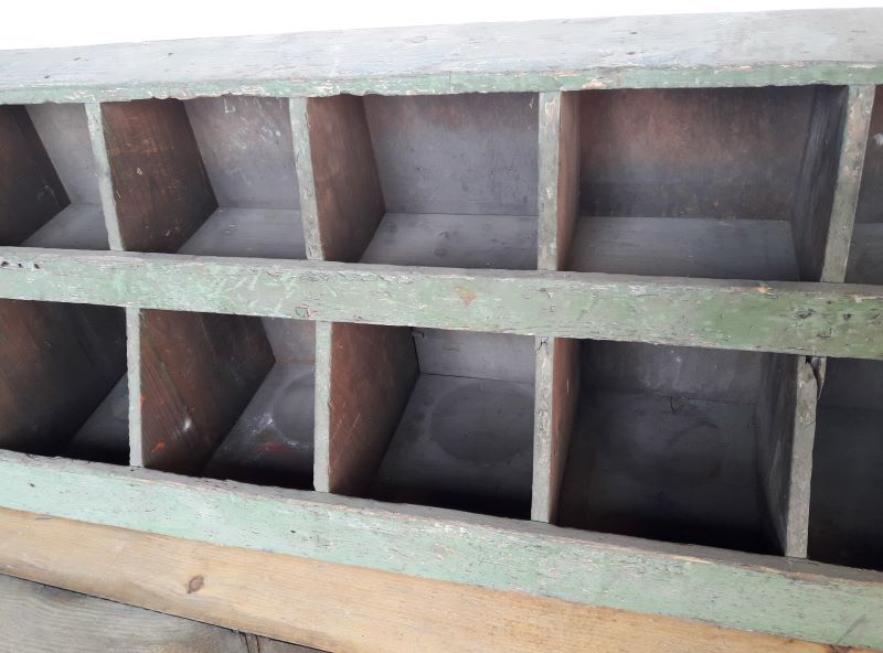 Locker, old workshop shelf in wooden compartments