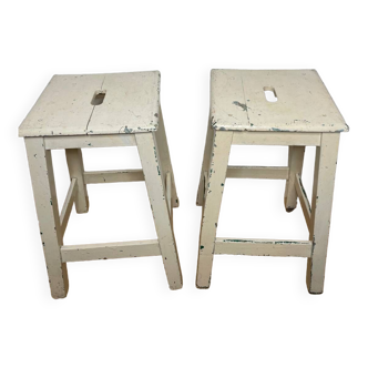 Pair of vintage cream stools in painted wood