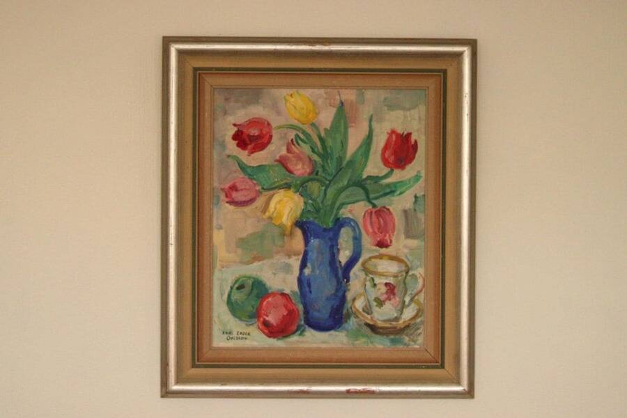 Original mid-century Swedish oil on panel – “Tea” by Karl Enoch Ohlsson – vintage & framed – 56 × 64 cm