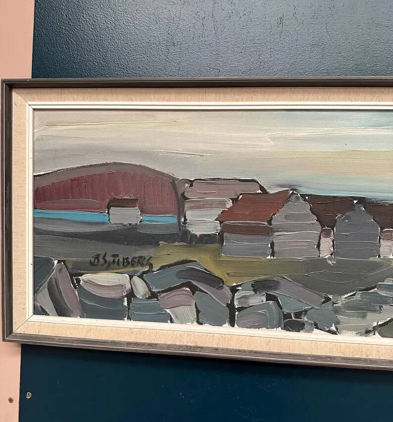 XL Original Swedish Oil on Canvas “Coastal Village” by Bo Sjöberg –Signed