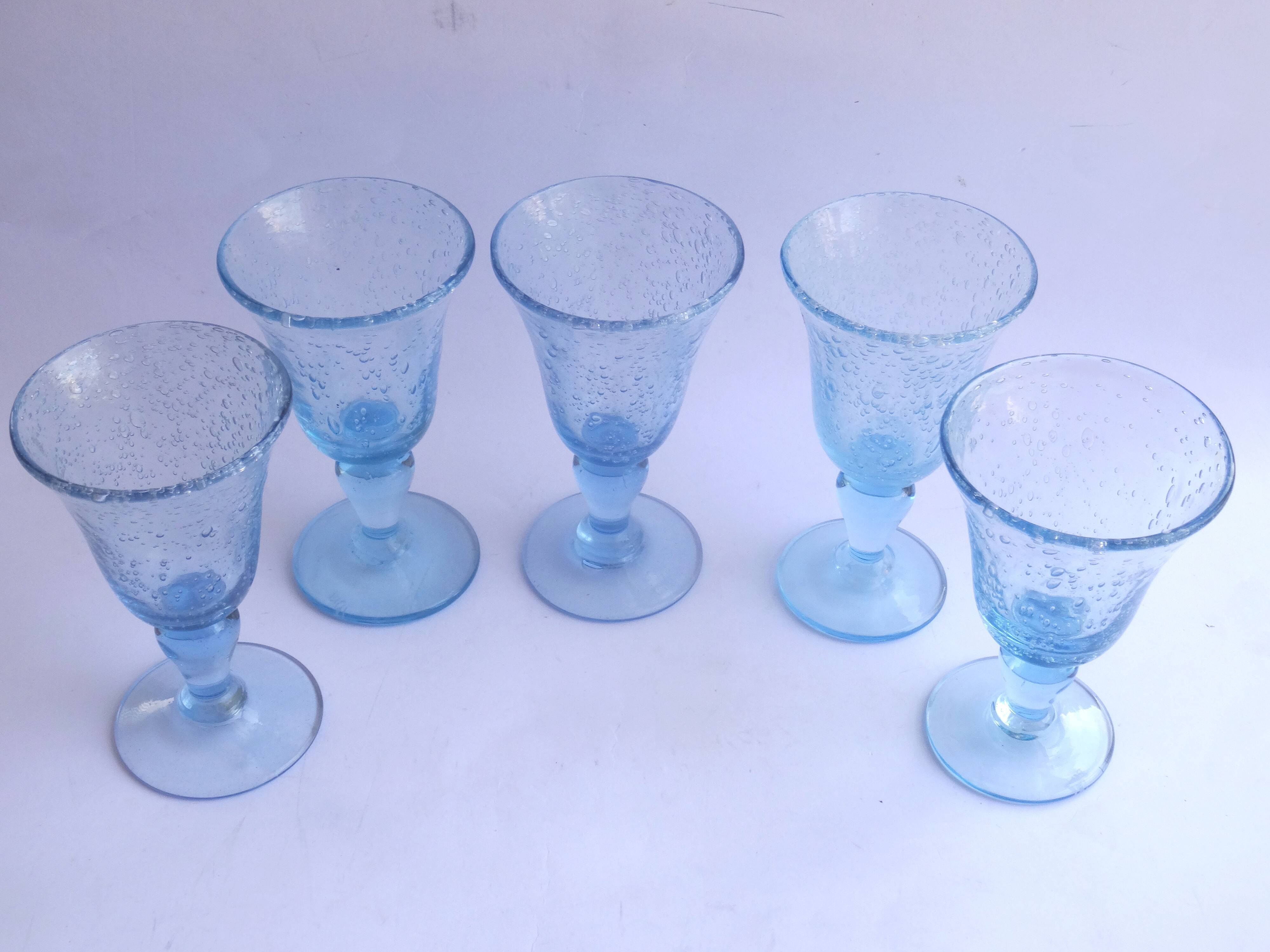 5 glasses with blue Biot stemmed