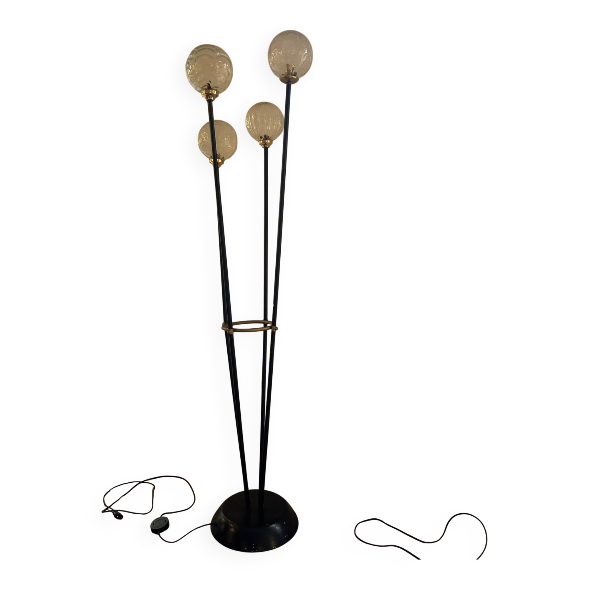 Vintage Grand Floor Lamp 4 Lights - Black Metal, Brass & Glass Globes