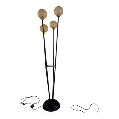 Grand Lampadaire Vintage 4 Feux - Métal Noir, Laiton & Globes en Verre