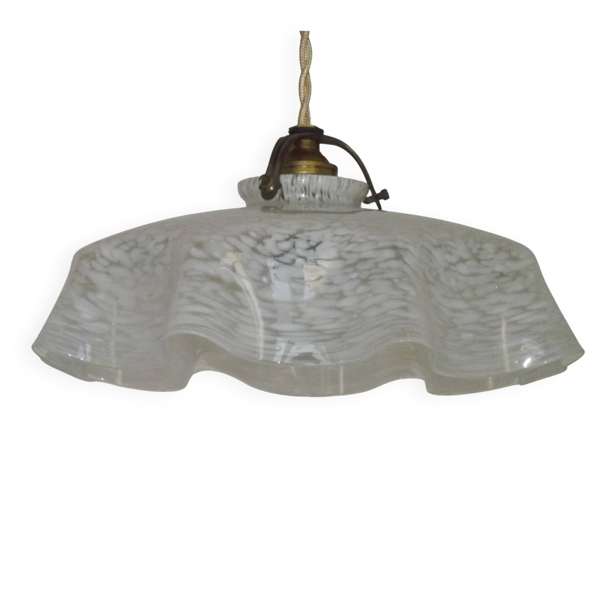 French Vintage 1930s White Frilled Clichy Glass Lampshade Ceiling Light
