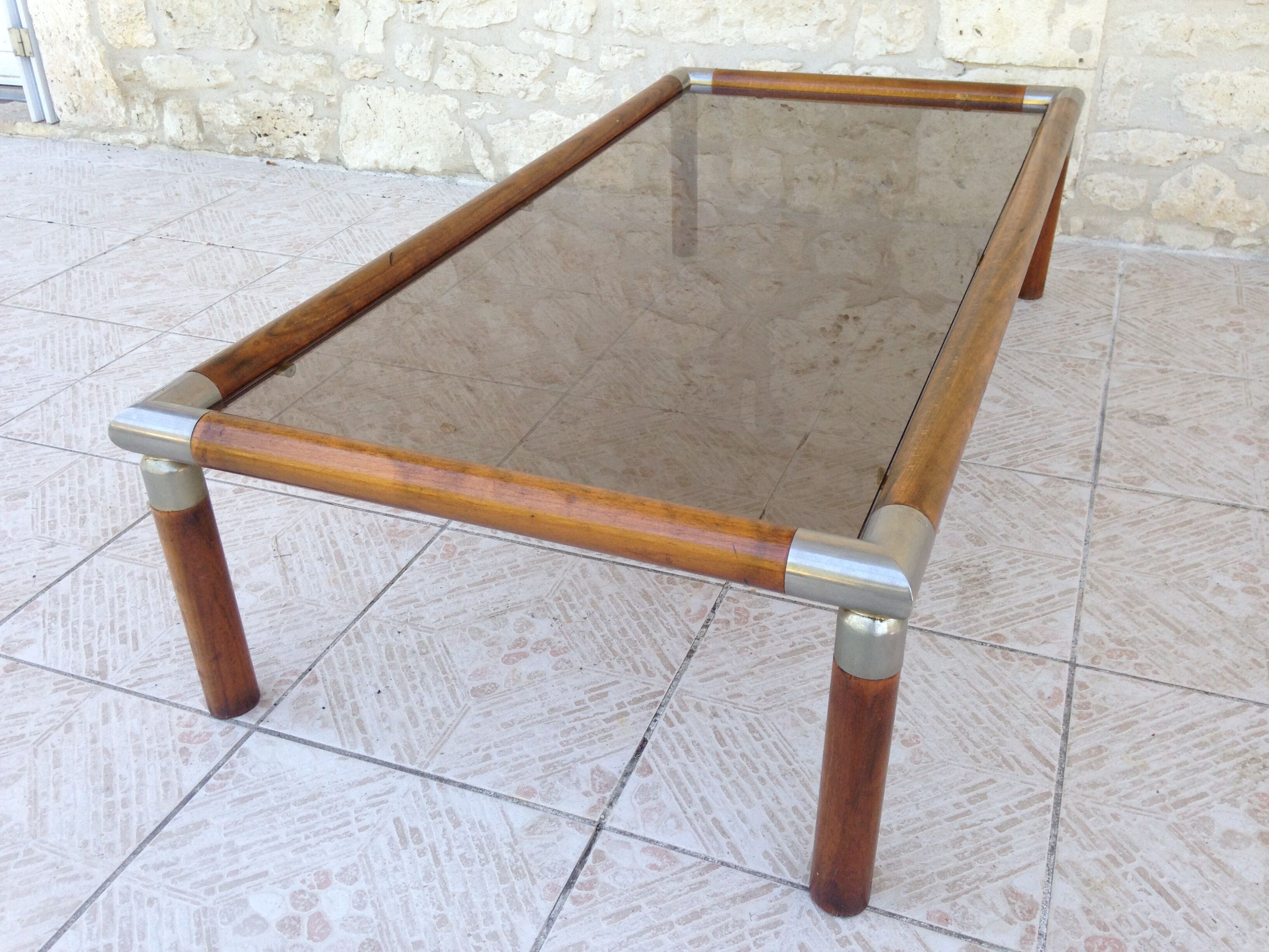 Table design bass, vintage, 70s wood and smoked glass