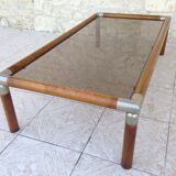 Table design bass, vintage, 70s wood and smoked glass