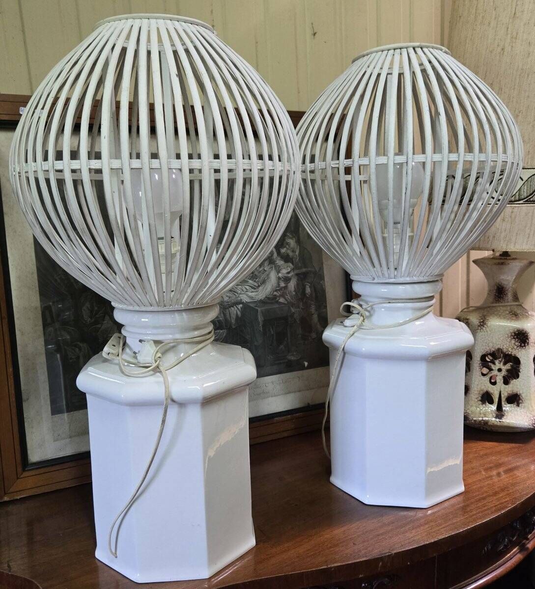 a pair of very large modernist lamps in painted ceramic and wood