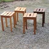 Set of 4 vintage stools in solid beech with slats