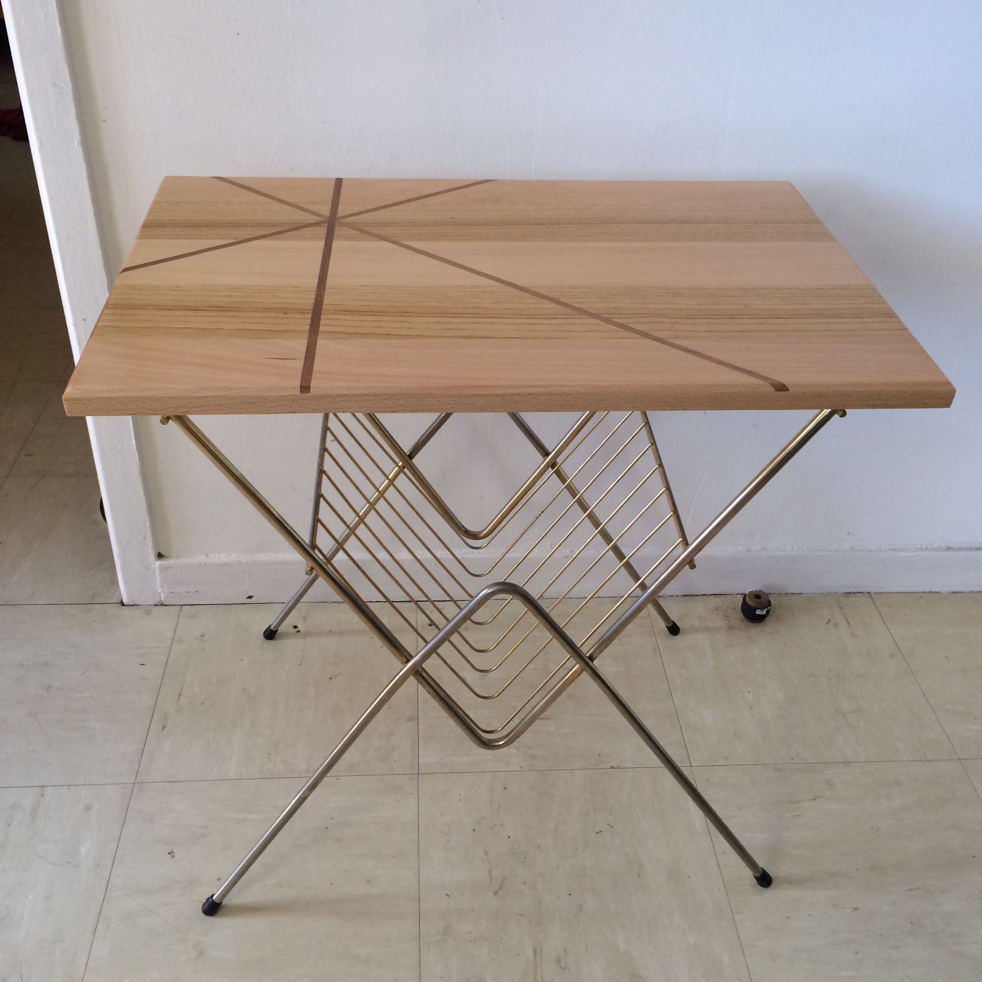Vintage gilded metal side table with magazines/vinyl records and original wooden top