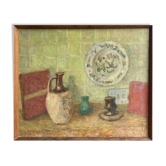 TABLEAU ANCIEN Nature Morte, Non Signé, XXe, Huile Sur Toile, 55x68cm, Avec Cadre