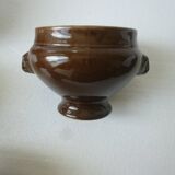 mini earthenware soup tureens in brown and beige inside.