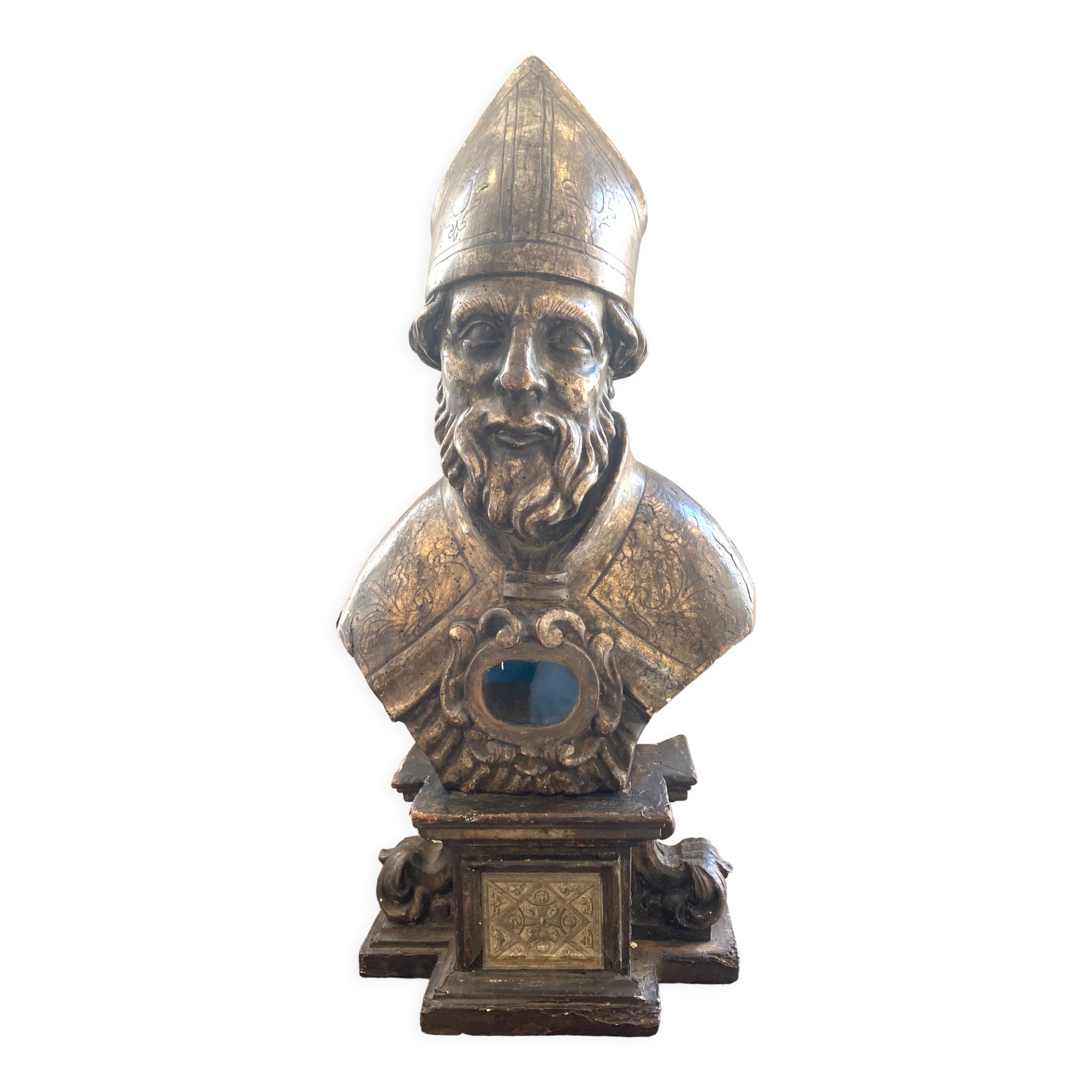 Bust of bishop in reliquary in silver wood xviith