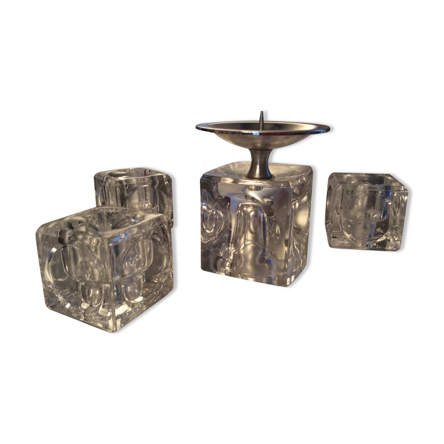 Set 4 vintage candlesticks  moulded glass cubes 70