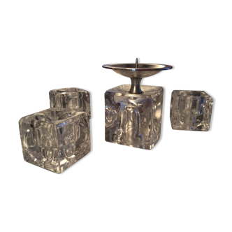 Set 4 vintage candlesticks  moulded glass cubes 70