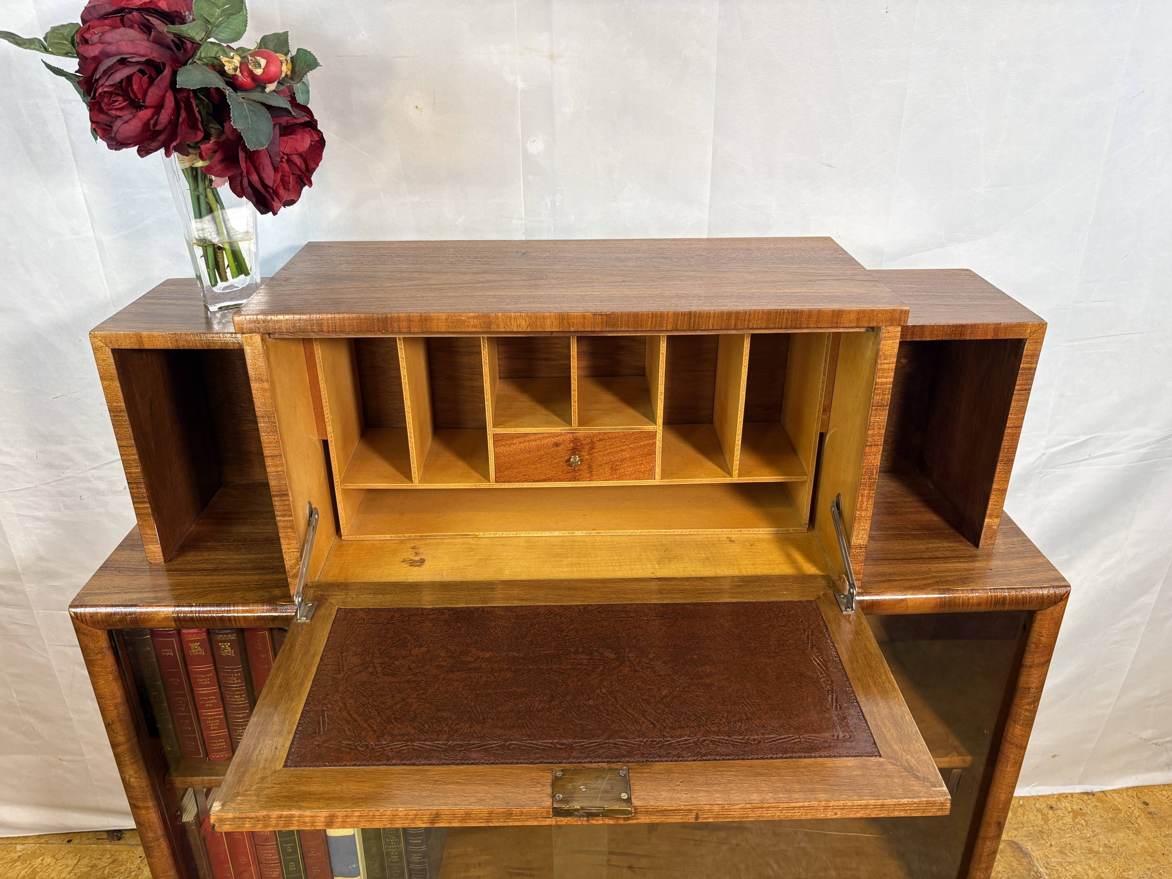 Art Deco Vintage 1930s Burr Walnut Bureau Display Cabinet Fall Front