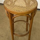 High stool in curved wood and cane seat