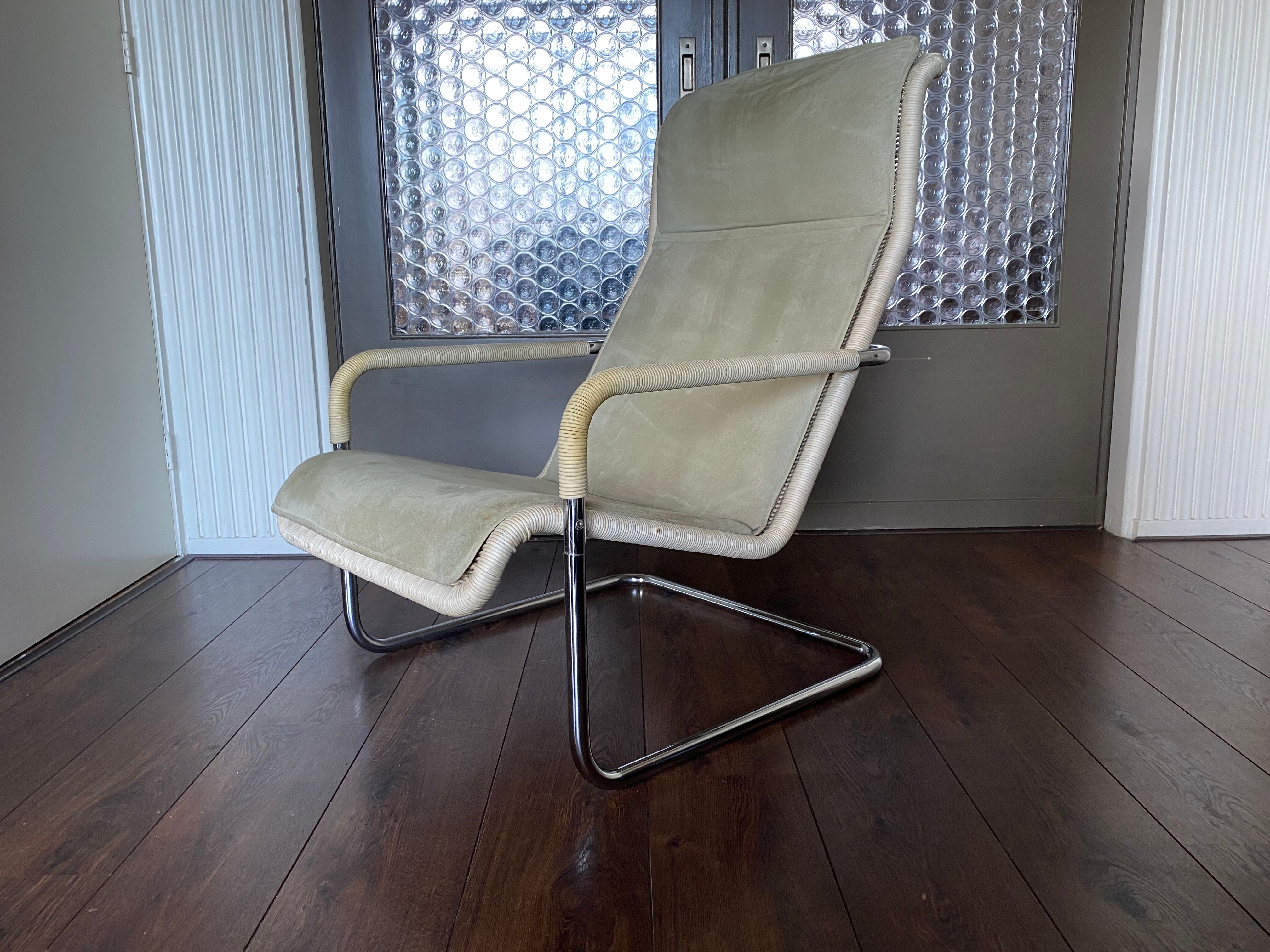 Vintage modernist chromed tubular steel, rattan & leather easy chair