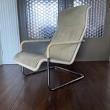 Vintage modernist chromed tubular steel, rattan & leather easy chair