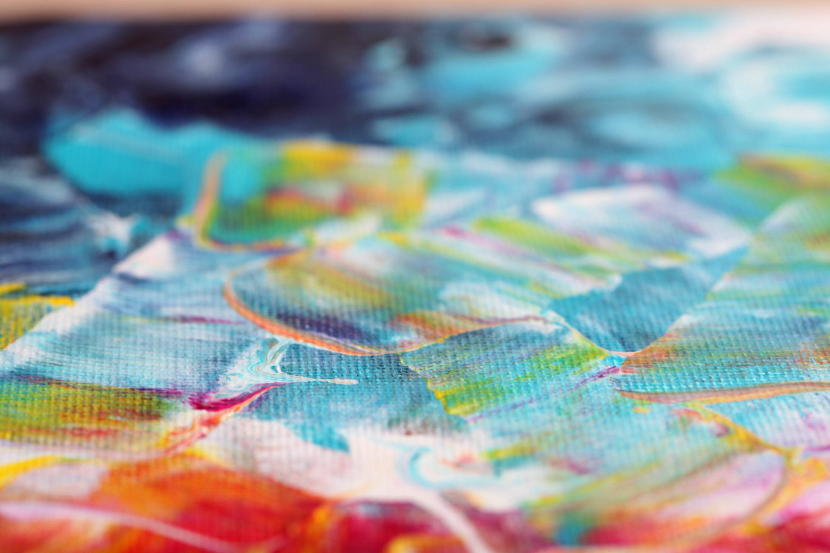 Acrylic painting on canvas in blue, pink, and yellow.