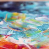 Acrylic painting on canvas in blue, pink, and yellow.