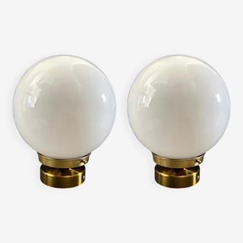 Set of two white opaline globe sconces
