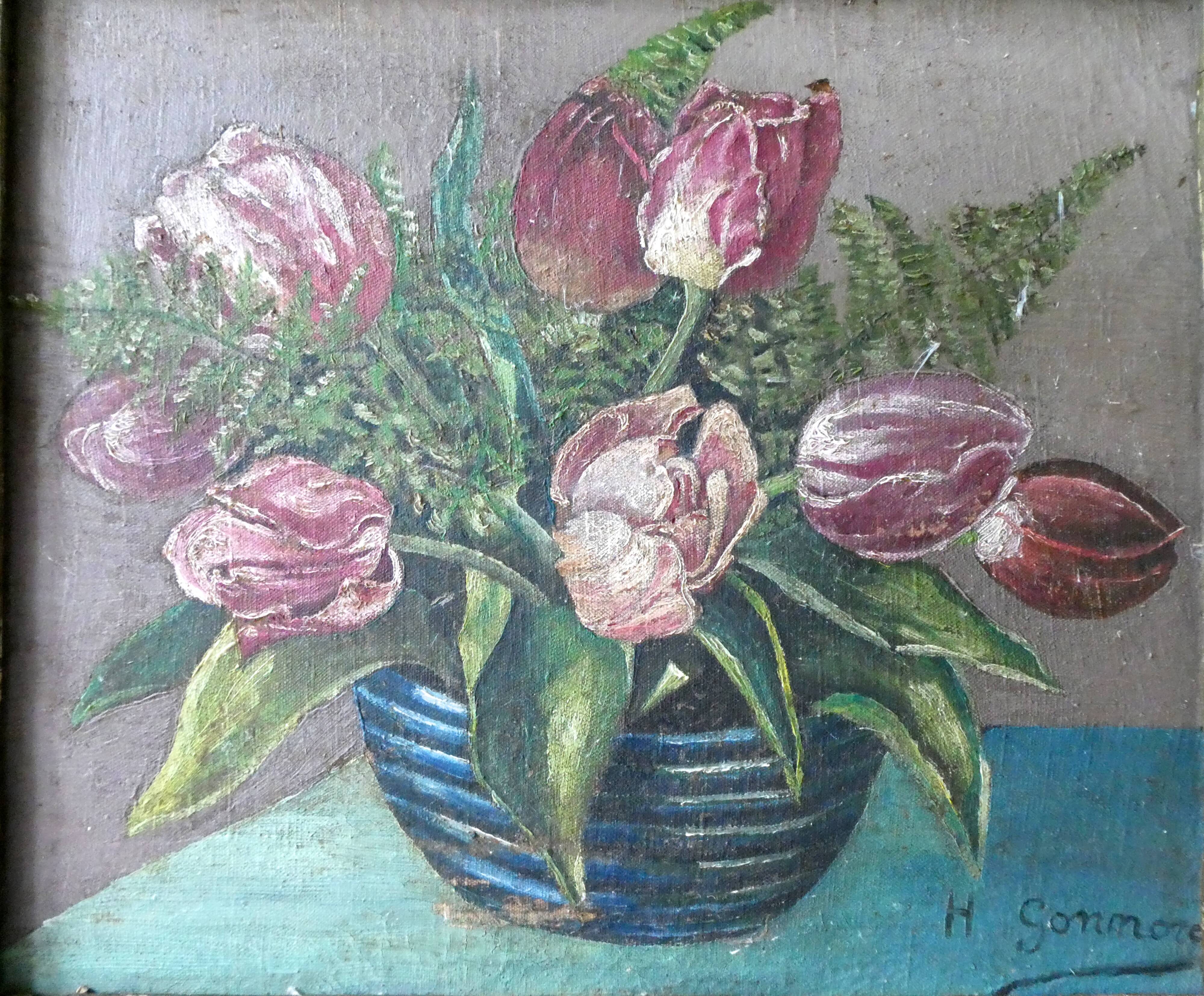 Painting, still life, bouquet of flowers, tulips and ferns