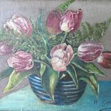 Painting, still life, bouquet of flowers, tulips and ferns