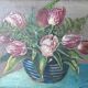 Tableau, nature morte, bouquet de fleurs, tulipes et fougères