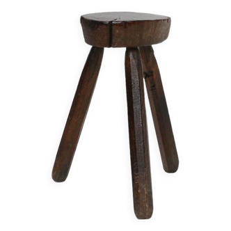 Timeless robust dark wooden tripod stool, France ca. 1900