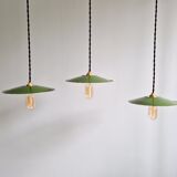 Trio of large industrial suspensions in green enamelled sheet metal.