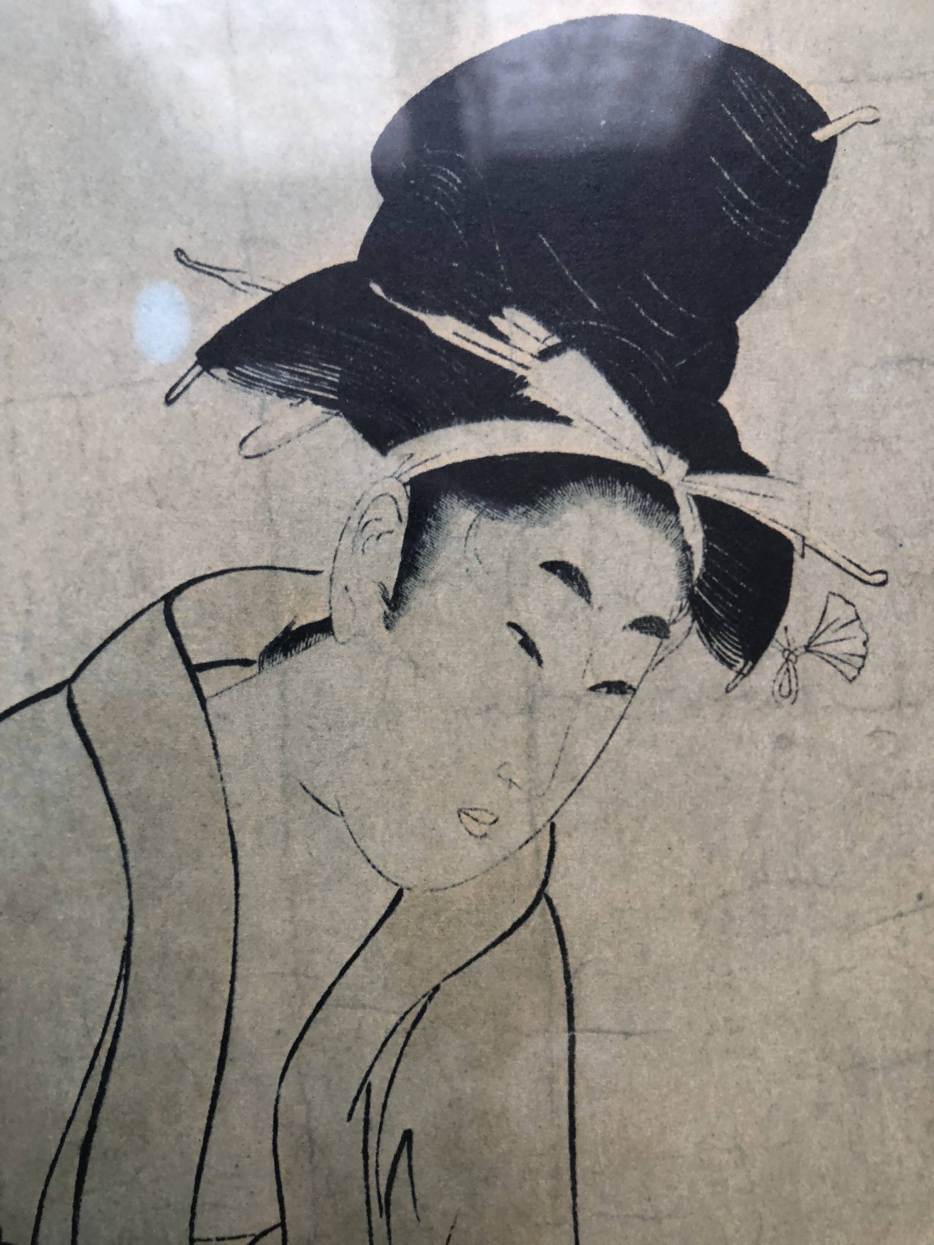 Japan print, woman near bird cage kitagawa utamaro copy 1961 rennes museum