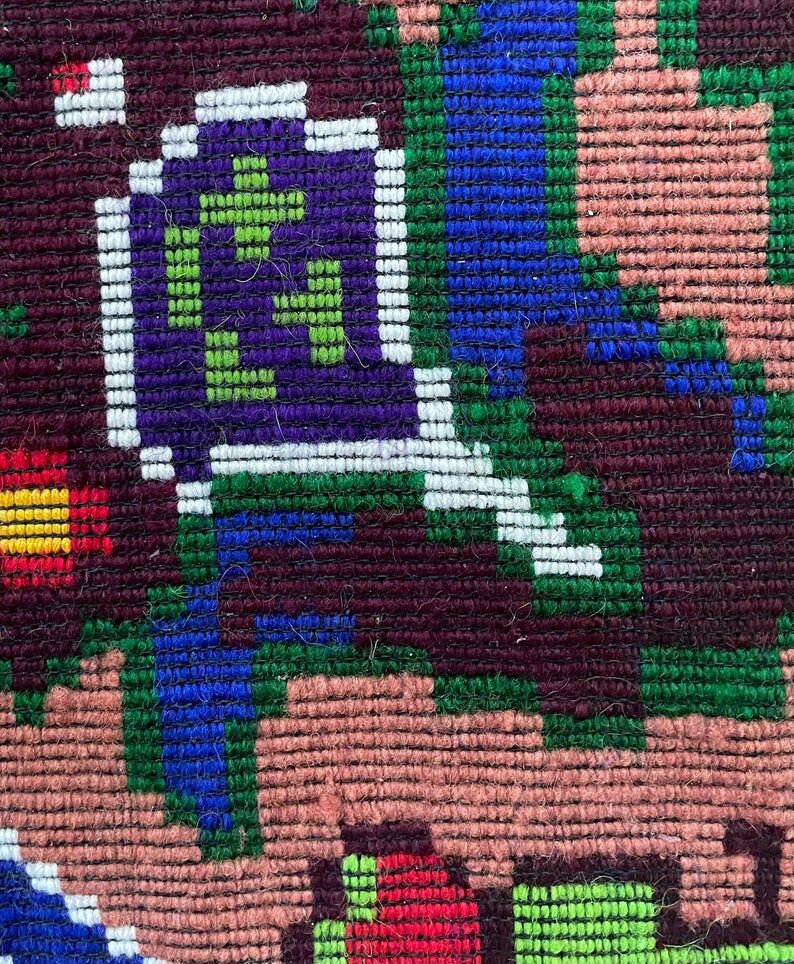 Handwoven vintage accent geometrical rug, colorful wool, wine colour with green and blue accents