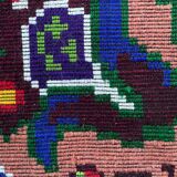 Handwoven vintage accent geometrical rug, colorful wool, wine colour with green and blue accents