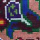 Handwoven vintage accent geometrical rug, colorful wool, wine colour with green and blue accents