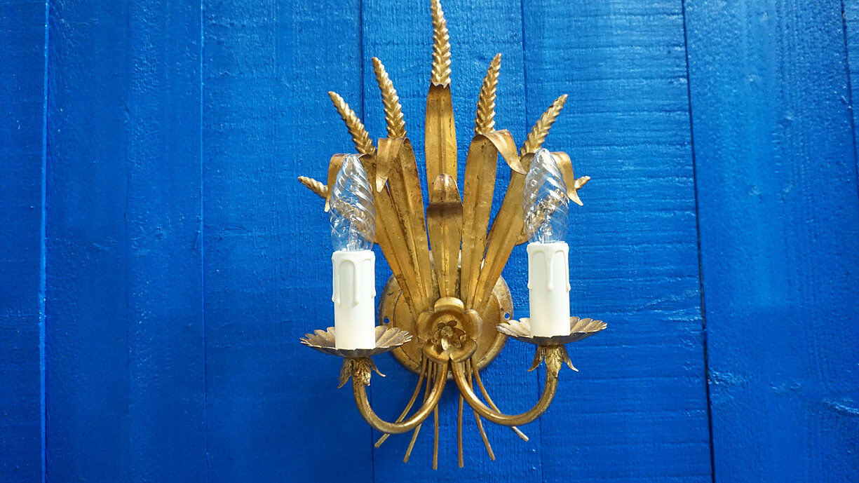 Italian 1960 Hollywood Regency Gilt Metal Sheaf of Wheat Wall Sconces, 1 of 7